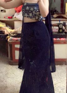diwali Designer Blue Floral Crop Top &amp; Skirt