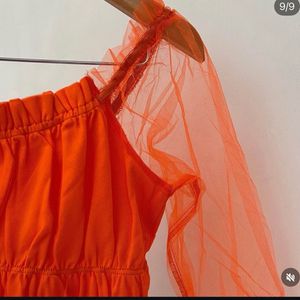 Orange Off-Shoulder Ruched Mesh Top