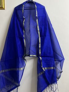 Royal Blue Sheer Dupatta with Gold Border