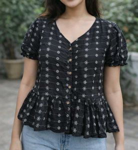 Chic Black Floral Peplum Top