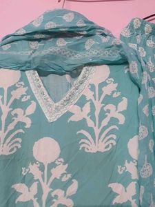 Dailywear Teal &amp; White Block Print Kurta Set