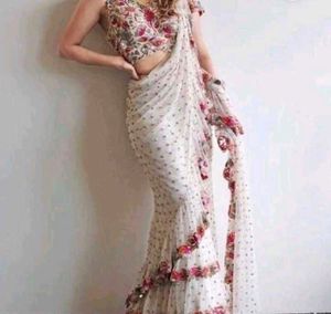 Stylish White Georgette Ruffle Saree Brand New