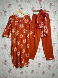 Orange Floral Kurta Set with Dupatta.