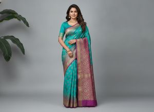 Elegant Paisley Print Teal & Magenta Saree