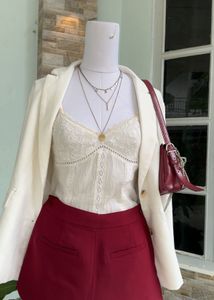 Chic White Blazer &amp; maroon shorts Outfit