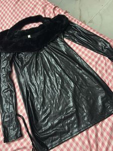 Black Faux Sexy Leather Dress with Fur Trim