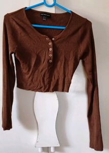 Brown Ribbed Cropped Henley Top