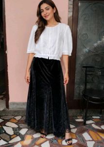 Premium Black Velvet Flared Maxi Skirt - XL