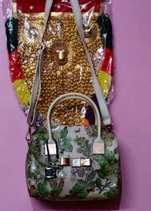Glossy PolyVinyl material Floral Print Handbag