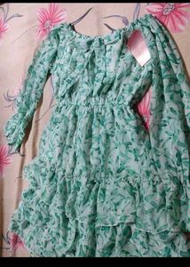 Green Floral Chiffon Ruffle Dress