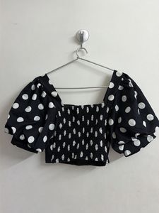 Polka Dot Puff Sleeve Crop Top