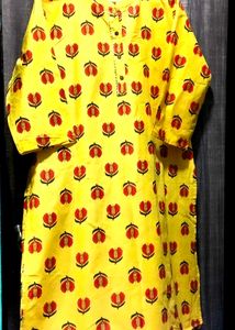 Bright Yellow Kurta with Red Floral Print