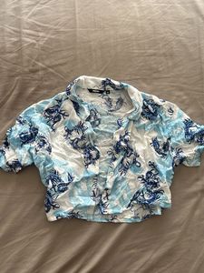 Blue Dragon Print Cropped Shirt