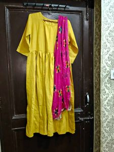 Yellow Kurta with Pink Dupatta