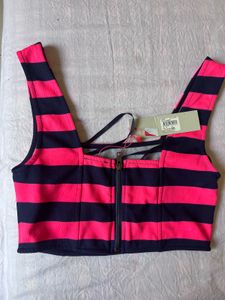 Pink &amp; Navy Striped Crop Top