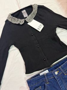Black Button-Up Top with Collar Detail