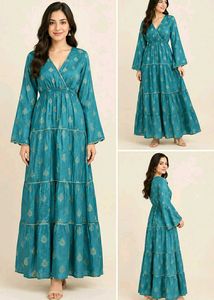 Teal Ethnic Gown/Dress with Gold Print