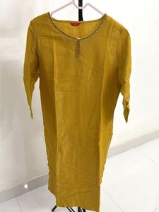 Mustard Yellow Kurta with Embellished Neckline