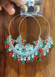 Bohemian Hoop Earrings with Red Embellishments