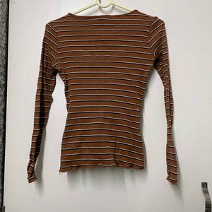 Brown Striped Ribbed Knit Top