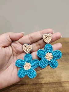 Turquoise Beaded Flower Heart Earrings