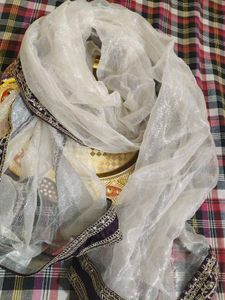 Elegant Cream duppata with purple Border