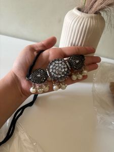 Elegant Oxidized Choker Necklace with Pearls