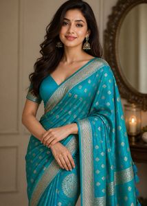 Teal Silk Saree with Silver Border
