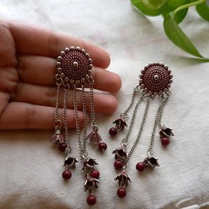 Dangle Earrings - Maroon &amp; Silver