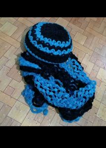 New Cozy Blue & Black Knit Hat and Scarf Set
