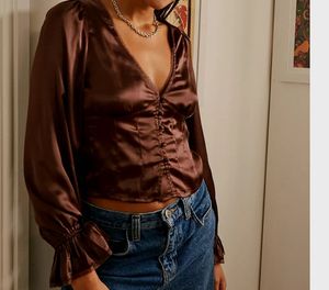 Brown V-Neck Button-Up Crop Top