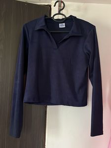 Navy Blue Collared Long Sleeve Top