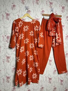 Orange Floral Kurta Set with Dupatta.