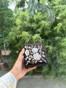 Embroidered Black Velvet Pouch