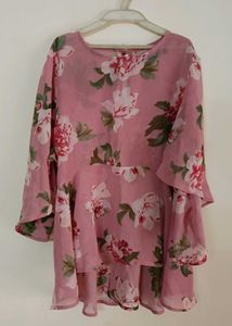 Pink Floral Sheer Bell Sleeve Top