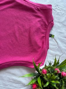 Pink Ribbed Crop Top with Tie Detail (Size-M)