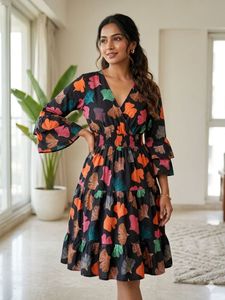 Boho Leaf Print Tiered Midi Dress