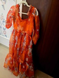 Orange Floral Puff Sleeve Midi Dress