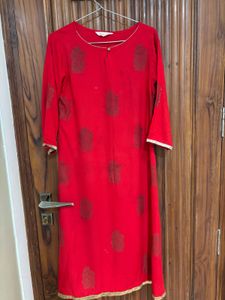 Vibrant Red Block Print Kurta