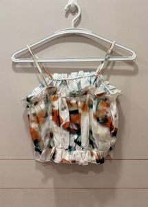 Chic Abstract Print Ruffle Crop Top
