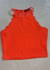 Vibrant Orange Scalloped Crop Top