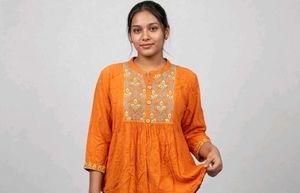 Vibrant Orange Embroidered Kurta Top