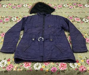 Stylish Blue Winter Jacket with Fur Hood