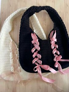 Cream Crochet Corset Bag with Pink Ribbons