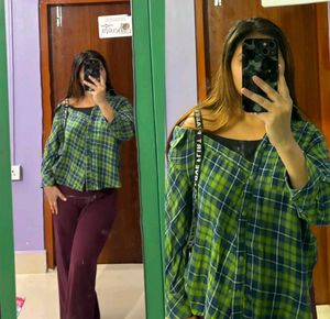 Green Plaid Off-Shoulder Shirt