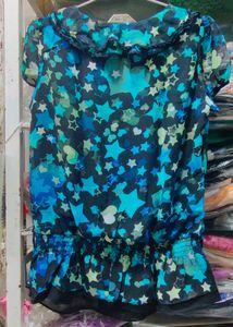 Blue Star Print Ruffle Chiffon Blouse