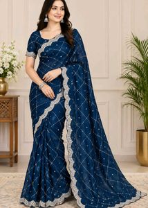 Elegant Navy Blue Embroidered Saree