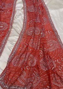 peachy red Saree with Silver Embellishme