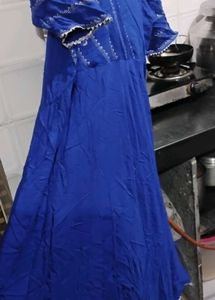 Elegant Blue Maxi Gown with White Embroidery