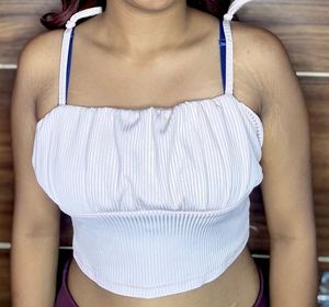 White Ribbed Tie Strap Crop Top
